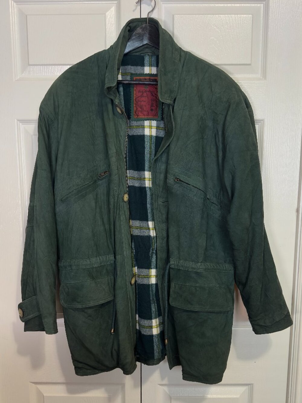 Vintage Roma 2000 Green Suede Leather Utility Coat Plaid Lined Size 48 L